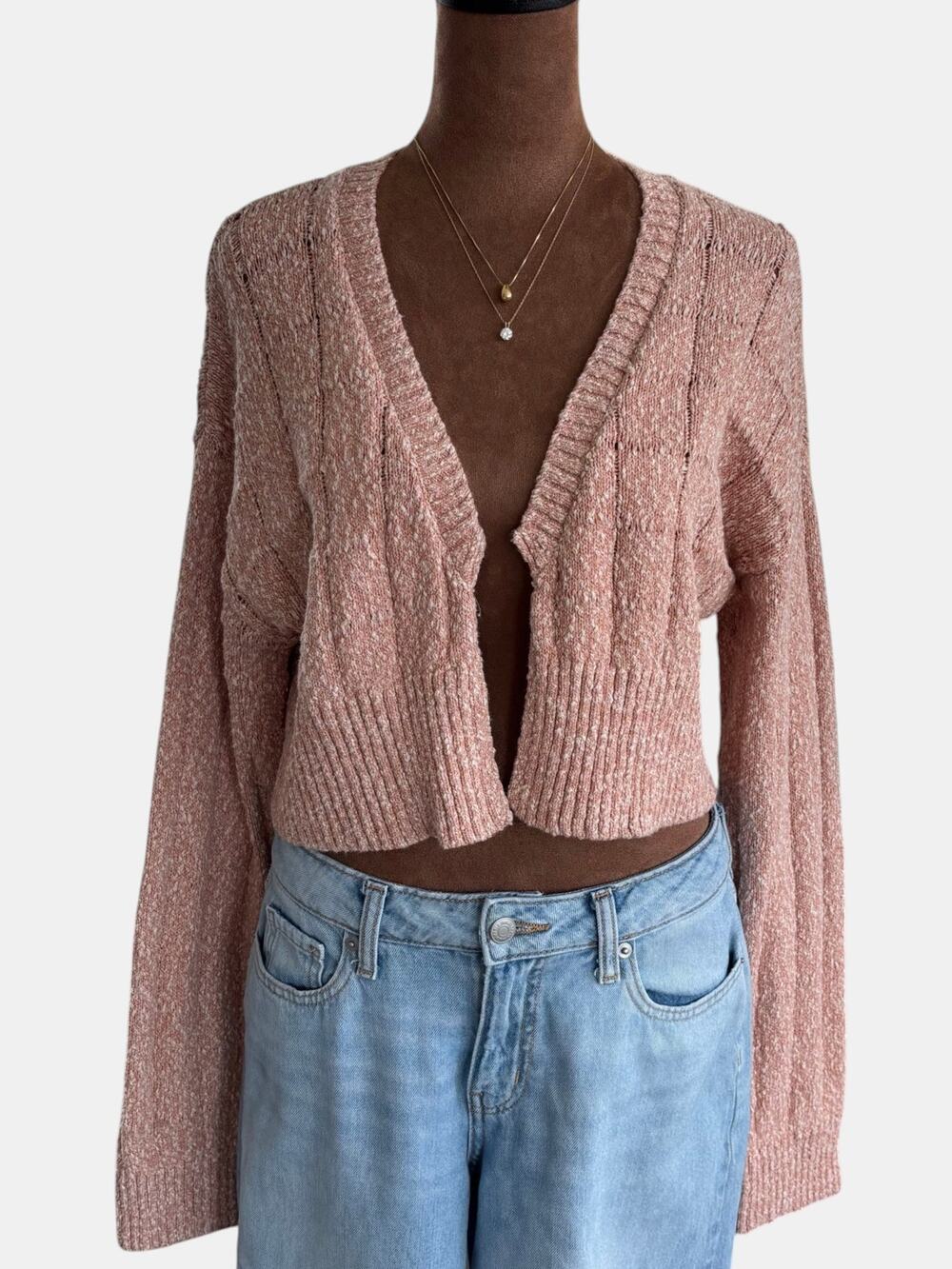 Free People Beach Declan Cardigan 100% Cotton Cropped Marble Coral Pink Medium